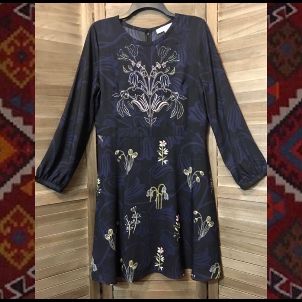 LOFT Blue and Black Floral Print Midi Dress, 12 Petite, NWOT